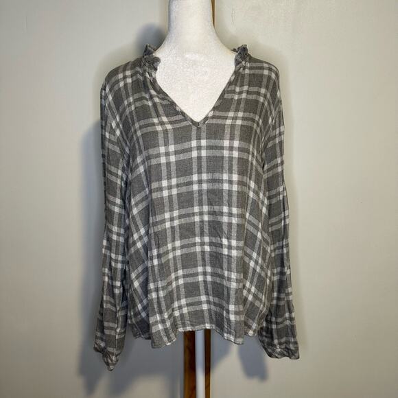Cloth & Stone Anthropologie gray & white plaid flannel long sleeve top size L - Picture 2 of 12